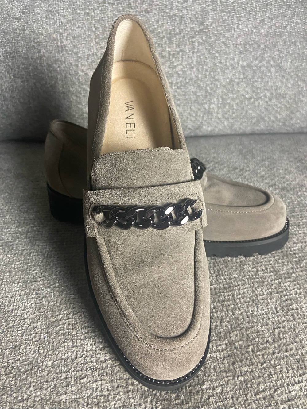 Vaneli Taupe Suede Chain-Trim Loafers. Size 8 1/2 M